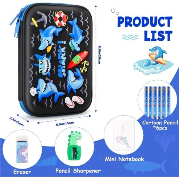 Cool Shark Pencil Case for Boys: 3D EVA Organizer with Compartments for School‎ - Picture 2 of 8